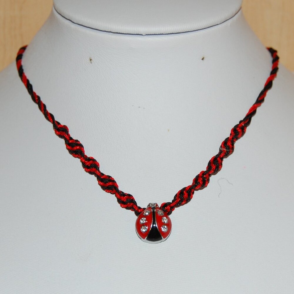 Ladybug Charm Necklace,Braided Cord,Colorful Necklace,Bicolor Cord Necklace